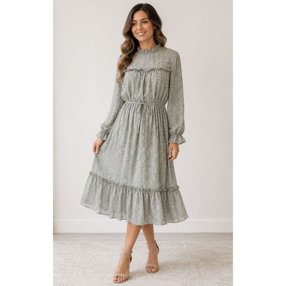 SHE + SKY Gray Abstract Print Midi Dress  Size S Self Tie Mock Neck Long Sleeves